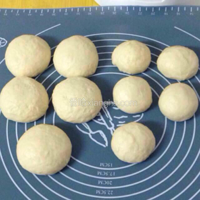 4，把两个面团分别等分成五份，滚圆后松驰约10分钟。