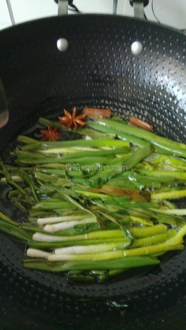 煎五分钟左右再放入剩下的葱和八角桂皮，一直用小火煎制大概20分钟