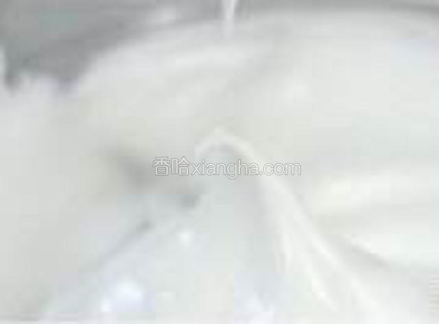 打发好的蛋白，提起打蛋器以后，拉出一个尖尖的角。角的顶端有稍微的弯曲。这个状态就可以了
