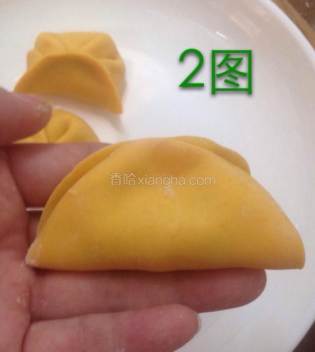 如图所示。
把饺皮对折后捏紧中间一部分