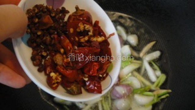 再倒入干辣椒，花椒和八角一起翻炒。
