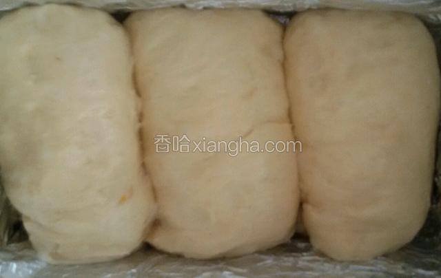 在面包机里醒发二倍取出。切三块搡搓匀。放入吐司模具自然松弛半小时。