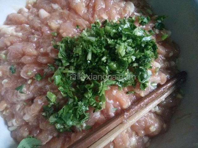 几分钟后再加入香菜末，继续同方向搅拌3分钟直到肉馅上劲