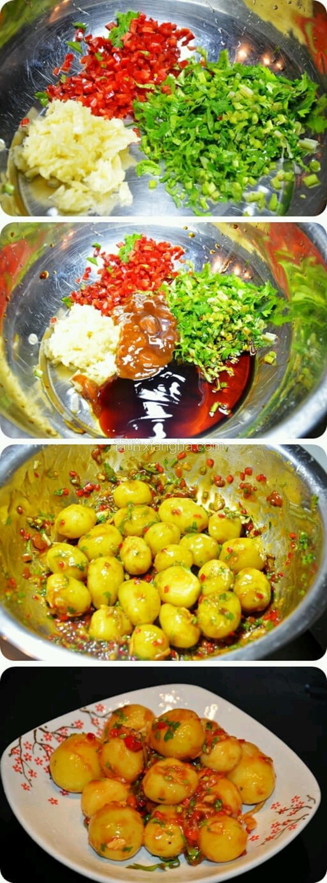        大蒜捣成蒜泥，红尖椒切末，香菜切末均放入盆中；　将蚝油、黄豆酱、米醋和香油加入盆中拌匀；　　