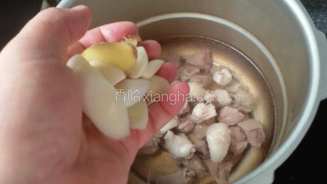 把焯水羊肉块放入高压锅中，加生抽酱油，葱，姜，蒜少许盐压制