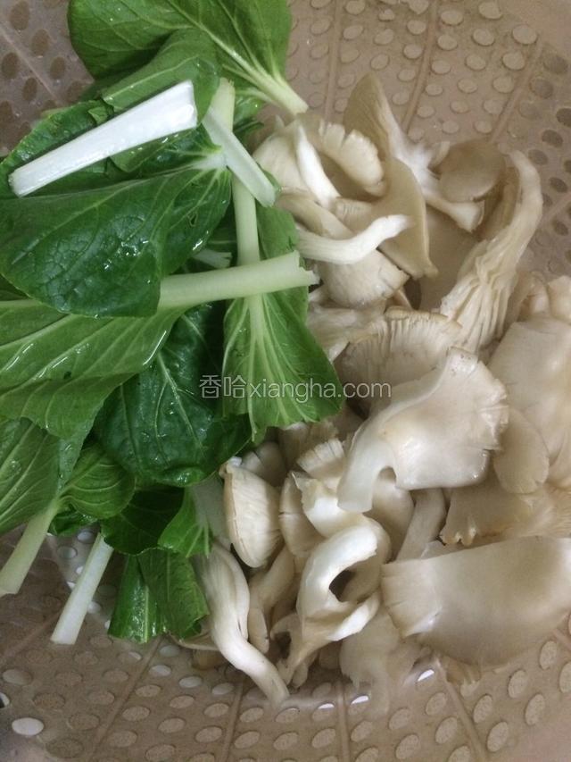平菇摘小朵，洗干净，小白菜也是洗干净备用