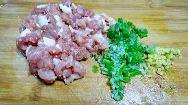 把肉剁碎后，再放入切碎的葱和姜。