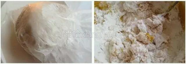 保鲜袋包好待用。
红薯的的做法一样，将红薯蒸熟，去皮压成泥，加入白糖和一半的马铃薯淀粉（或其他淀粉）揉捏，再分次加入木薯粉，揉成光滑面团