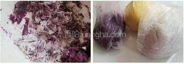 紫薯的做法也一样，将紫薯蒸熟，去皮压成泥，加入白糖和一半的马铃薯淀粉（或其他淀粉）揉捏，再分次加入木薯粉，揉成光滑面团。
也将紫薯面团和红薯面团放在保鲜袋包好待用。