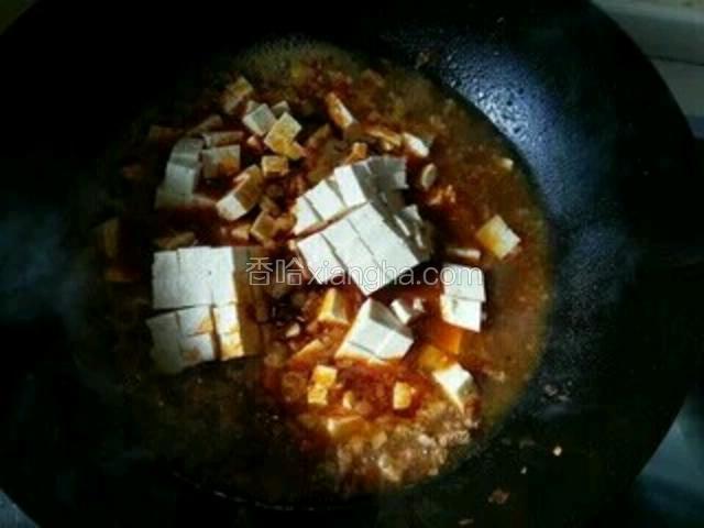 然后加入豆腐块，不要用铲子翻板，轻轻的将豆腐推开即可，在煮4-5分钟，让豆腐完全入味。
