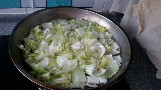 锅中放水，水开焯大白菜半分钟