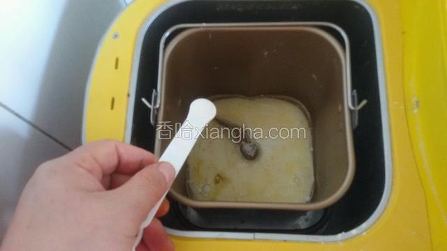 在把牛奶，盐，食用油，糖一齐放入面包桶