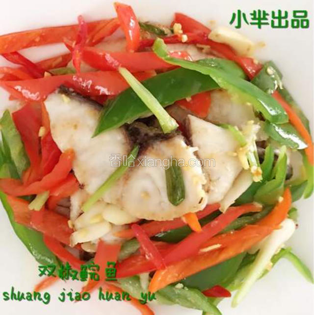 把炒好的青、红辣椒直接摆在煎好鲩鱼上即可上桌
