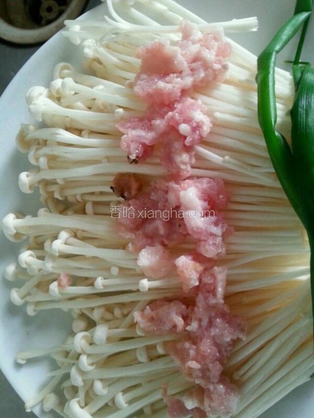洗干净金针菇摆好盘，菇面铺少量肉末，锅烧沸水，将金针菇入锅蒸8到10分钟即可。 