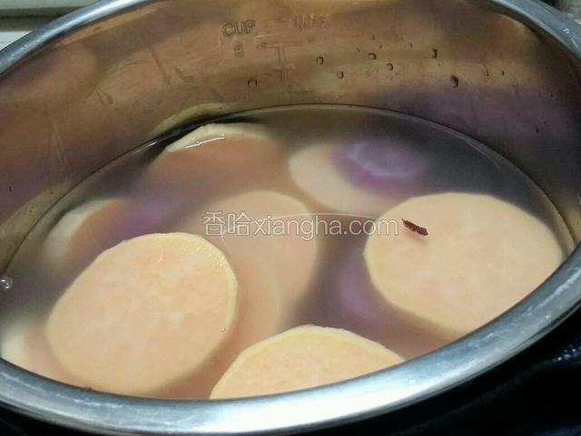 红薯和紫薯都放进去电压力锅里面，加550毫升清水。
