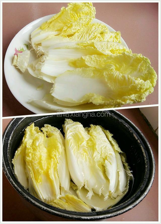 娃娃菜切掉根部，用淡盐水浸泡二十分钟。去除残留的农药。
