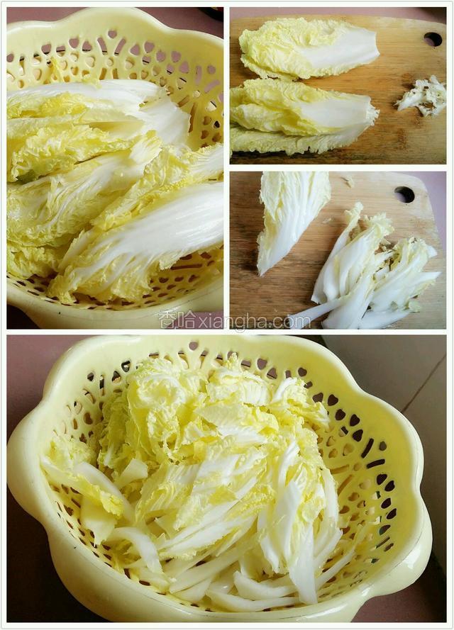 盐水浸泡过的娃娃菜用清水洗多两遍，沥干水份。切掉梗未端的芥蒂。再斜切薄片。