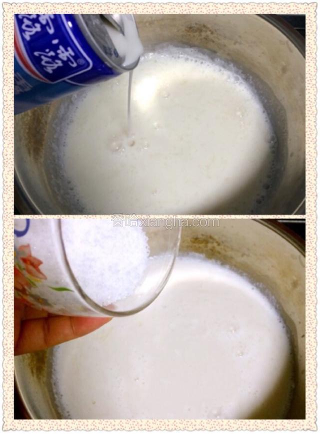 倒入整罐的杏仁露，并倒入砂糖。搅拌至融化。