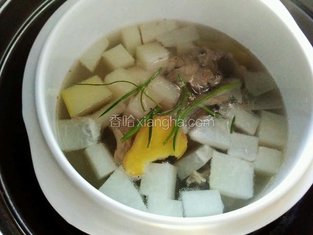 煲煮10分钟后开锅盖，加入切好的葱段。
再放入一勺食盐，半勺味精，适量的胡椒粉。
再煲五分钟。