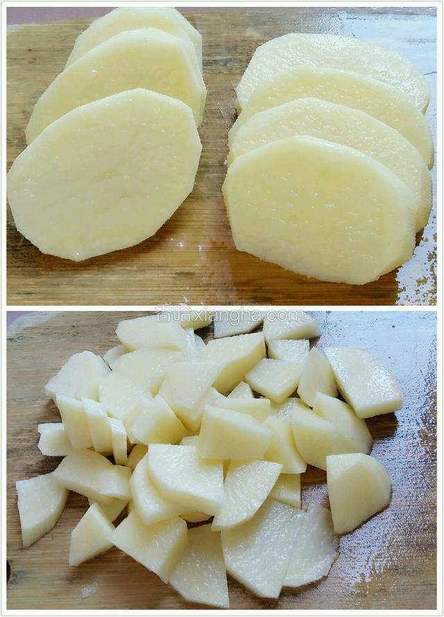 土豆去皮，洗干净后先切片，再切成小块。