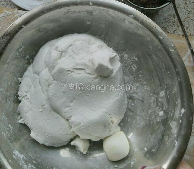 糯米粉用温水和面，揉成团，静至10分钟