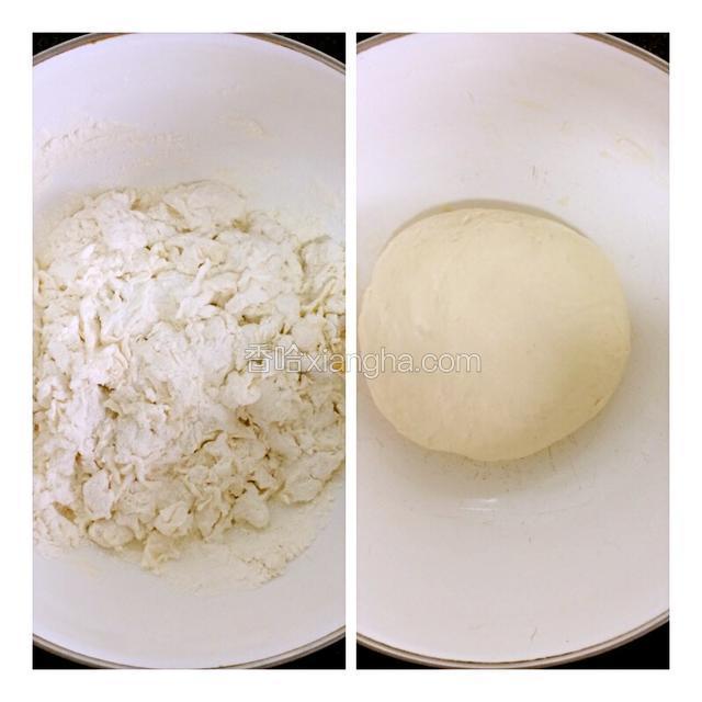 面粉逐步加入适量热水，揉成光滑的面团醒发20分钟。
