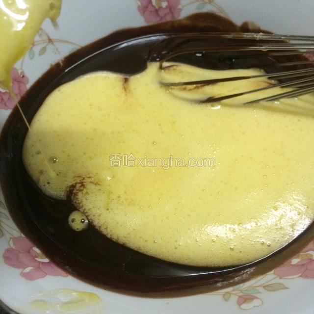再把搅拌好的鸡蛋液过滤倒入巧克力用手动打蛋器搅拌均匀，不需要注意手法