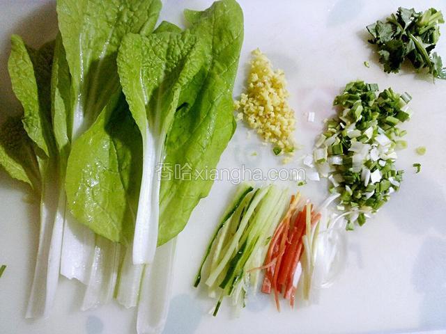 生姜、葱切碎，黄瓜、红萝卜切丝，青菜洗净待用