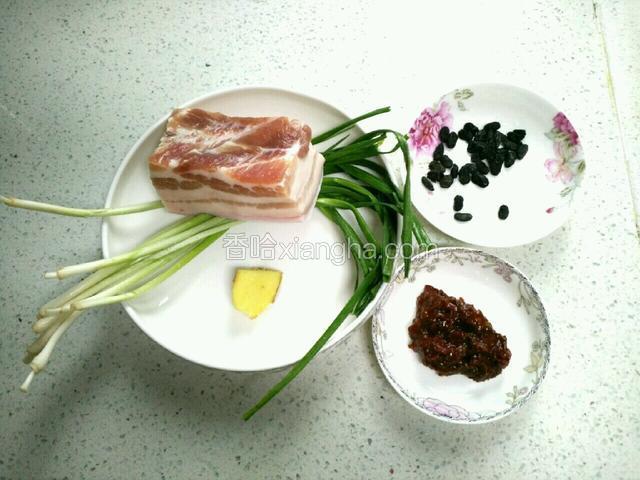 备好图中食材。五花肉，蒜苗，姜，豆鼓，郫县豆瓣。