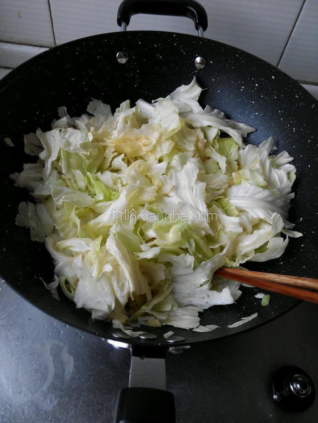 放入圆白菜煸炒片刻。