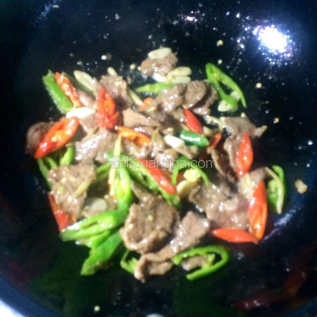 待辣椒炒至断生时放入炒好待用的牛肉一起翻炒，加少量盐入味，加鸡粉调鲜。