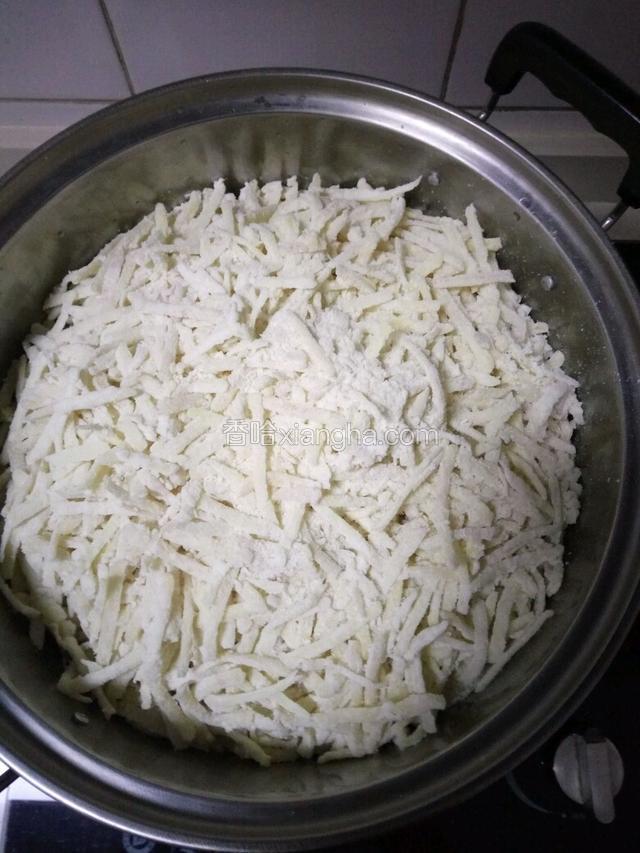 放笼！将拌好的土豆丝均匀的撒在笼上！