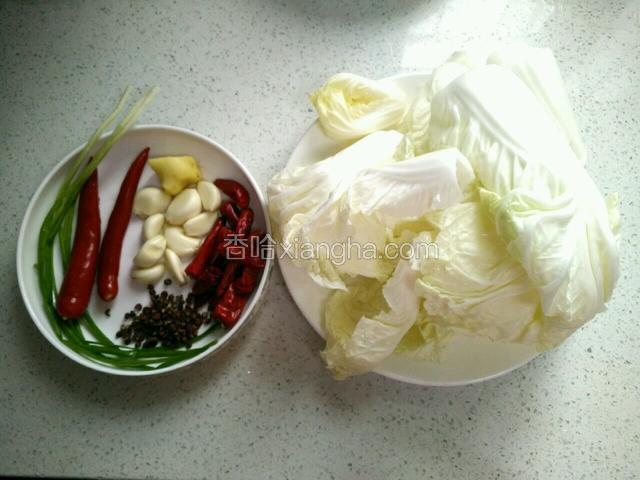 备好图中食材。大白菜，红辣椒、葱、干辣椒、姜、蒜洗净，花椒。