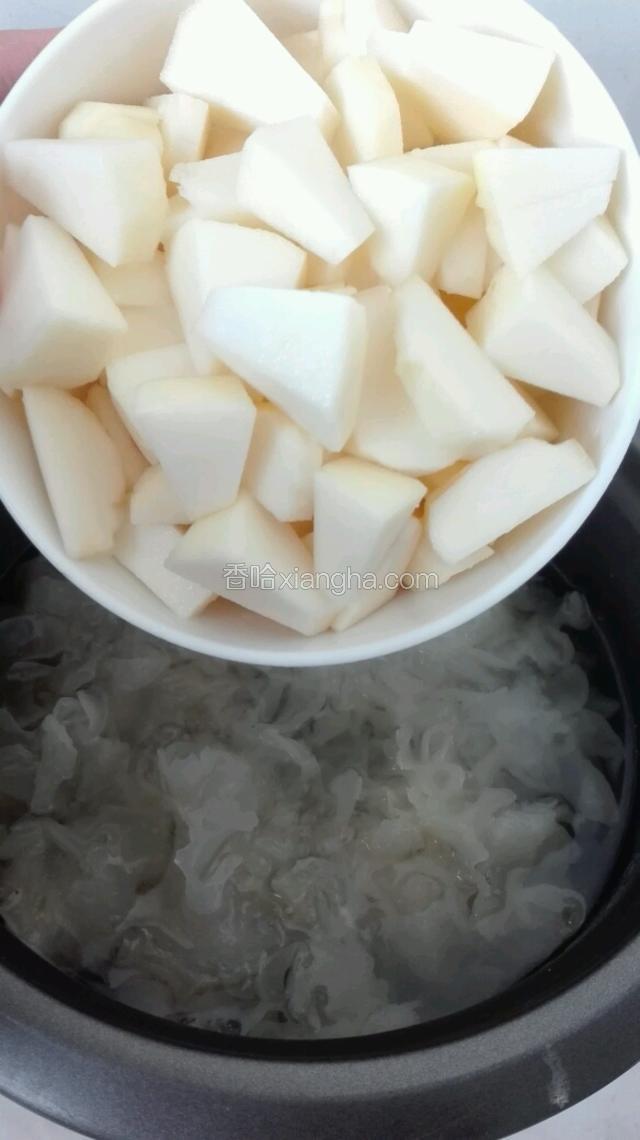 银耳煮约十分钟，倒入苹果。