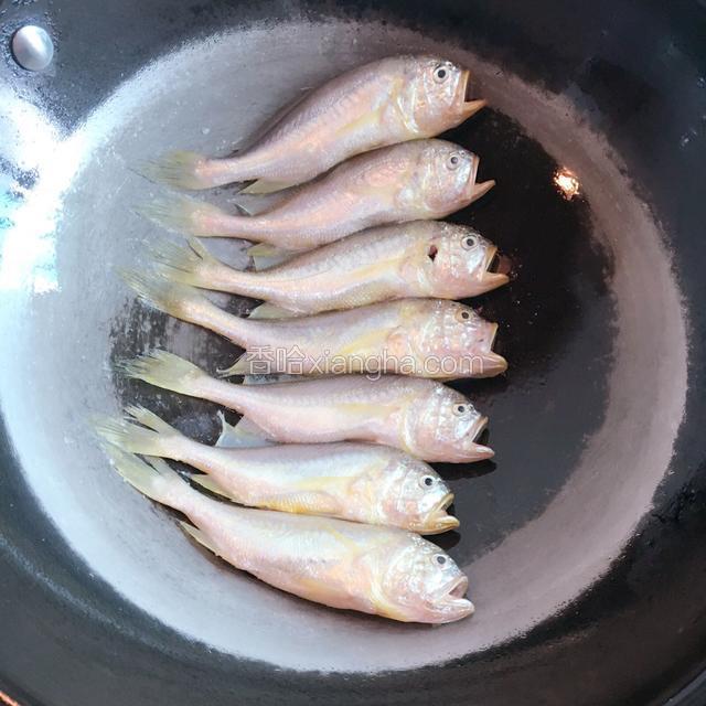 起油锅、把腌制好的鱼平摆锅底，中小火慢煎。适时调整锅底位置、让其均匀着热。