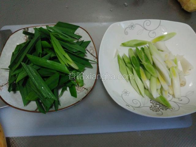 将蒜苗改刀切段，蒜白和蒜绿分开放