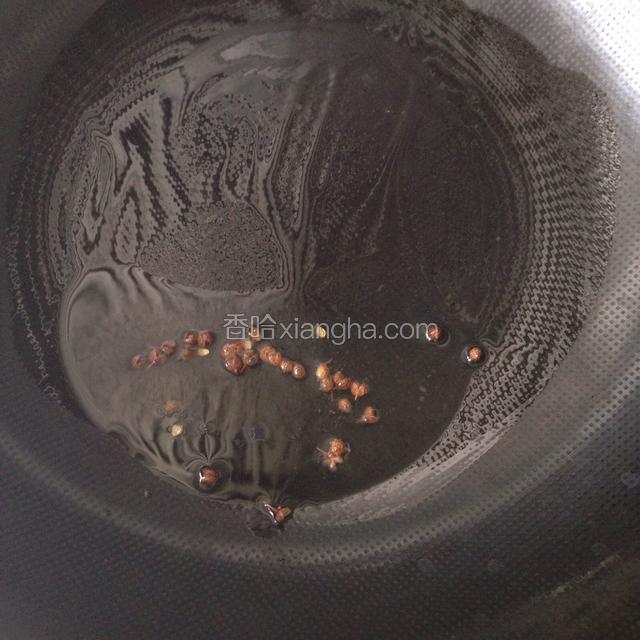 锅中倒油，下入花椒粒，中小火炒出香味