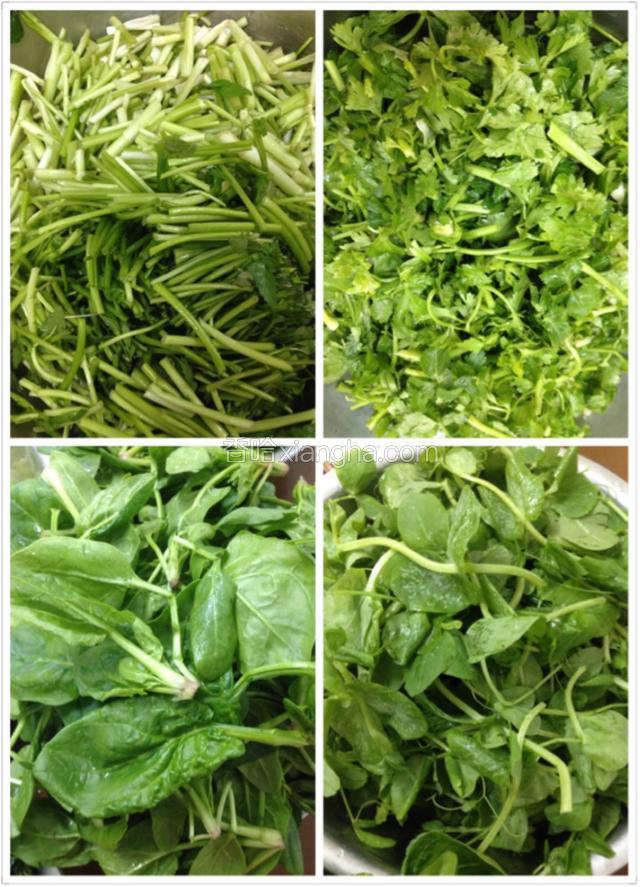 水芹，菠菜，香芹，豌豆叶，摘好洗净。
水芹和香芹切断。