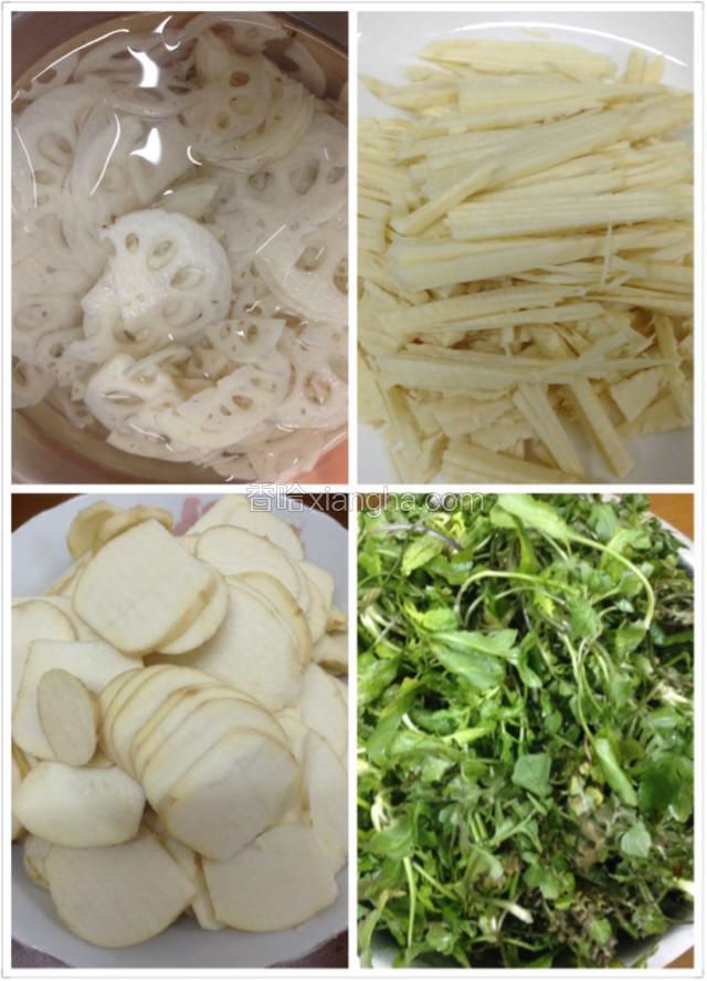 莲藕，茨菰洗净切片。(莲藕切好用水泡着)
冬笋去皮，洗净切丝。
荠菜摘好，洗净。