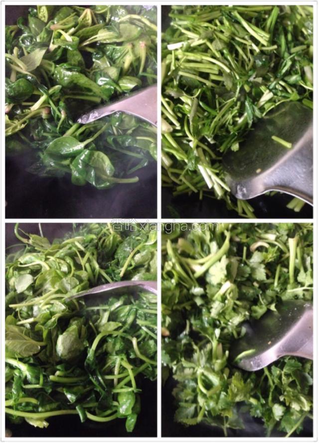 下面开始炒绿叶子蔬菜，分别把菠菜，香芹，水芹，豌豆叶快速炒好后加入适量的盐调味。
出锅后同样每种菜都一分为二的放入两个盆里。
