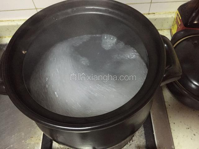 猪排骨飞水后，加入半锅水（约1000毫升）大火煮开。约20分钟。