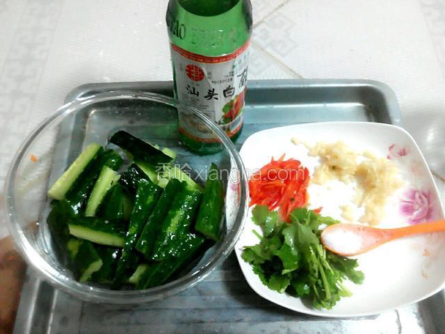 青瓜拍好，准备白醋（半碗）和少许的盐（辣椒切丝，芫茜切小段，蒜剁成蓉）