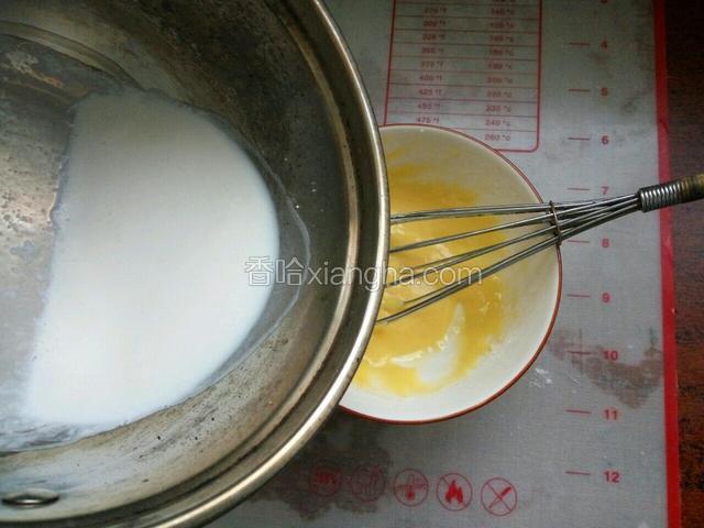 一点点倒入蛋黄糊中，一边到一边搅匀