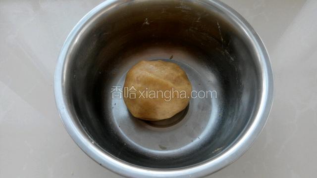 将面粉和蛋油混合物拌匀后揉成面团。（面团成型即可，不要揉时间太长，以免面粉起筋。）