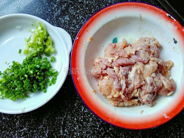 猪瘦肉洗净，改刀切成薄片。加一勺食盐、一勺酱油、半勺白糖、一勺料酒、适量淀粉抓均匀，腌制半小时。香葱切成葱末，葱白葱叶分开。