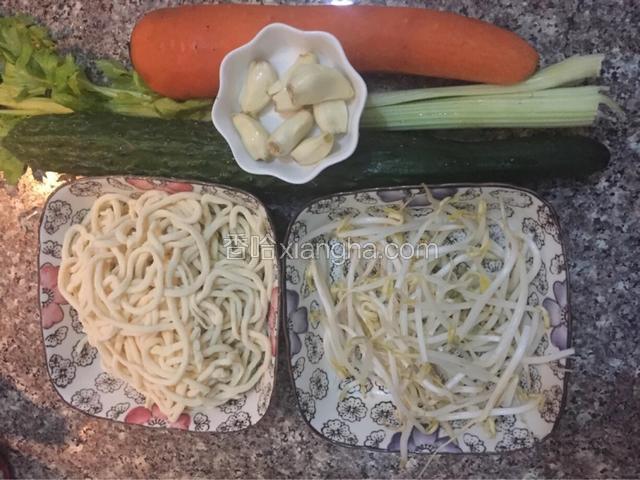 面条，黄瓜，胡萝卜（花心大萝卜），豆芽，芹菜，蒜备用（扁豆，韭菜等焯熟都可以做菜码）
