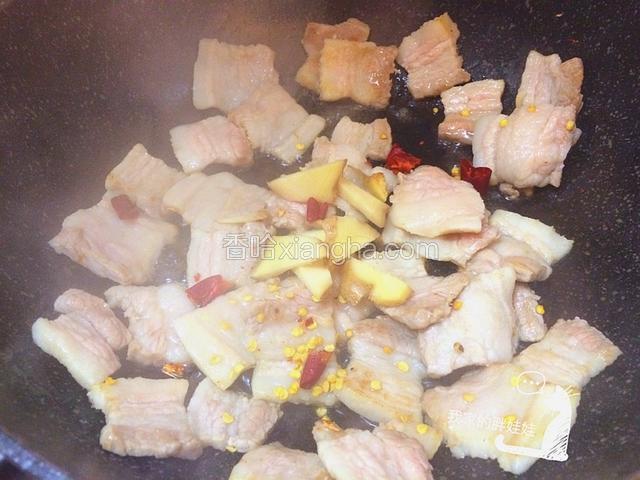再加入姜片，干辣椒段与花椒一起炒出香味
