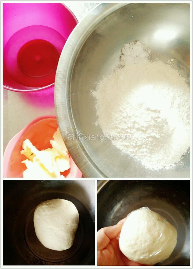把除了65克的黄油以为的其他材料放在一起，搅拌揉成光滑面团，包上保鲜膜，放入冰箱让它松弛半个小时。