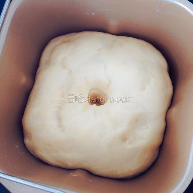 面团直接放在面包桶里发酵至两倍大，再次开启揉面功能，给面团排气