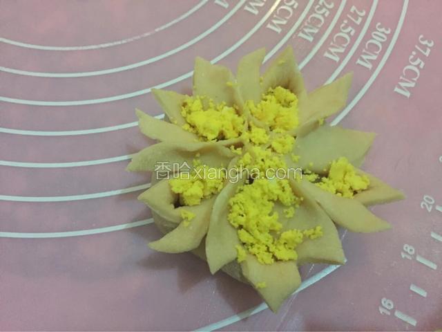 煮熟的鸡蛋取蛋黄碾碎，放到蒸饺上，尽量碎一些（原谅我的蛋黄少了因为家里只有一个鸡蛋了。）上锅蒸十五到二十分钟。

